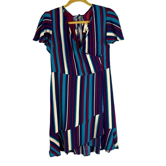 Band Of Gypsies SZ M Annie Faux Wrap Short Sleeve Striped Ruffle Dress Fairy NEW - Picture 6 of 12